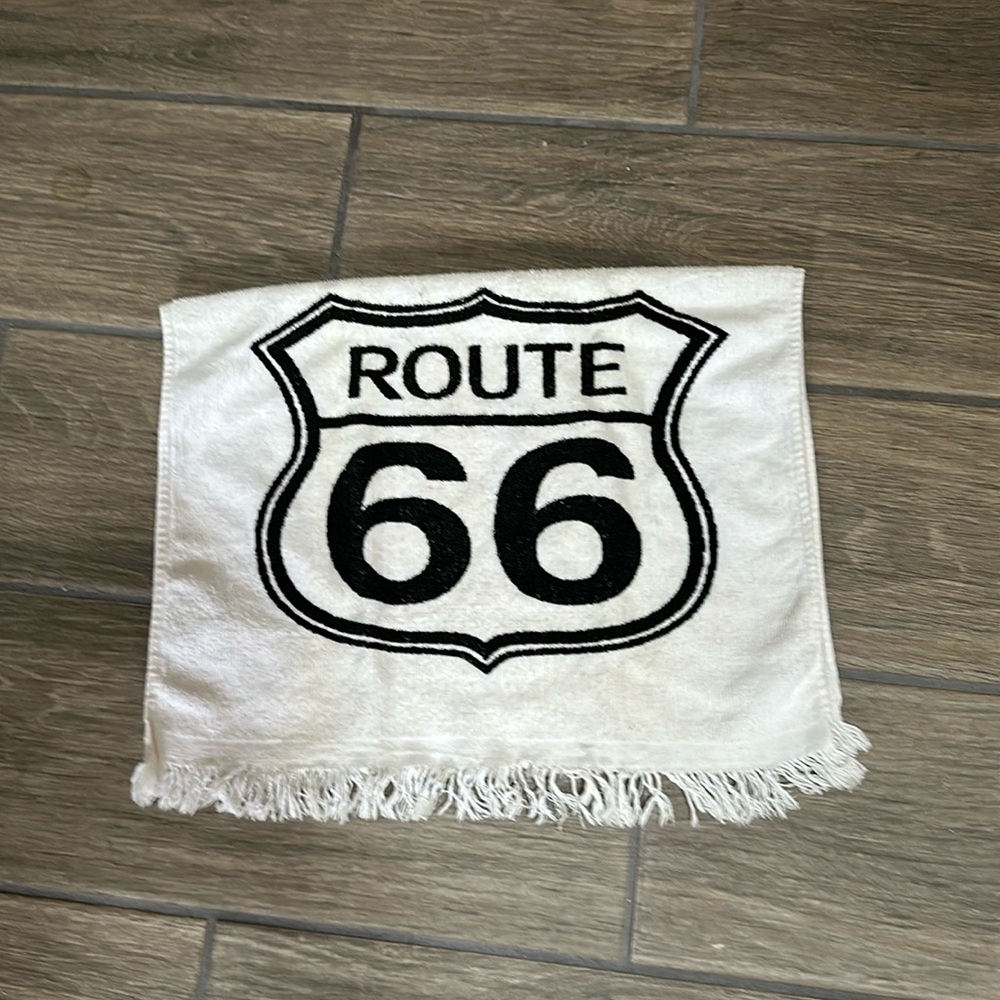 Route 66 tea towel, vintage black and white. Fringe edge. 12”x24”
